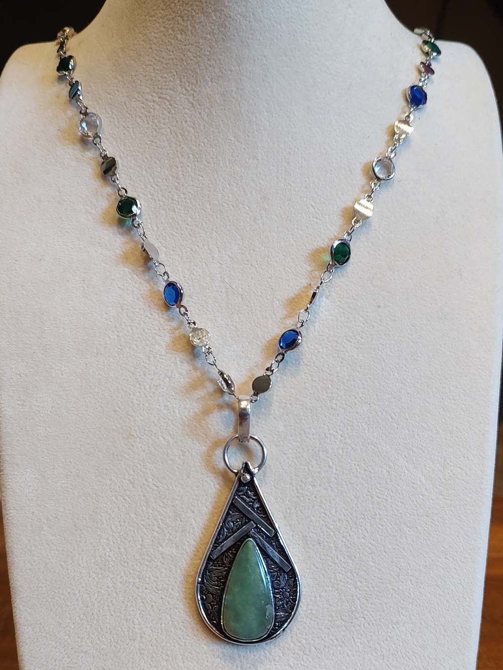 Chrysoprase Silver Pendant And 30 Inch Multi Color Crystal Necklace